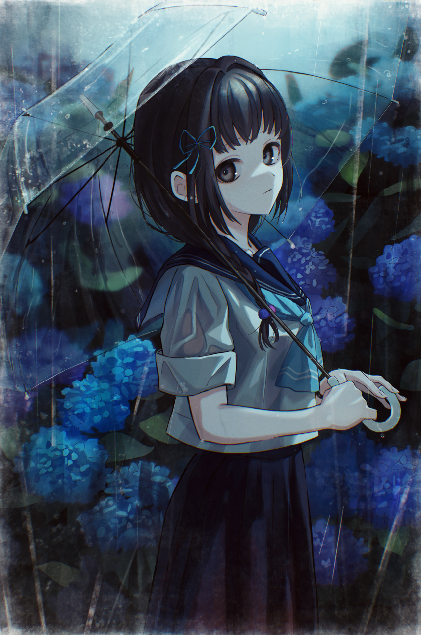 1girl, absurdres, amemori_sayo, amemori_sayo_(2nd_costume), aqua_neckerchief, black_eyes, black_hair, black_sailor_collar