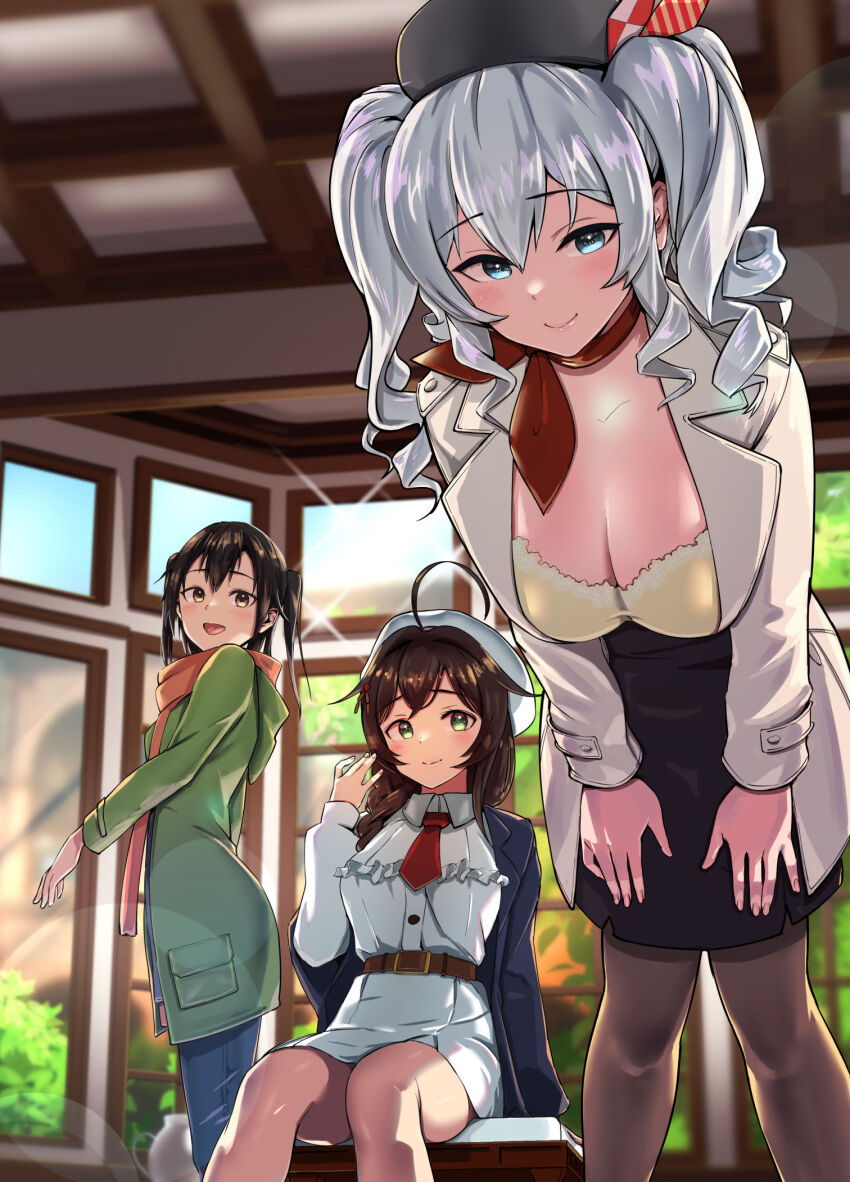 3girls, ahoge, asava_(hutaitenn), belt, beret, black_headwear, black_pantyhose, black_skirt, blue_eyes, blue_pants, blush, braid, breasts, brown_belt, brown_eyes, brown_hair, buttons, cleavage, closed_mouth, coat, collared_dress, dress, green_coat, grey_hair, hair_between_eyes, hair_flaps, hat, highres, kantai_collection, kashima_(kancolle), large_breasts, long_hair, multiple_girls, official_alternate_costume, open_clothes, open_coat, orange_scarf, pants, pantyhose, scarf, sendai_(autumn)_(kancolle), sendai_(kancolle), shigure_(kancolle), shigure_(sasebo_2023)_(kancolle), shigure_kai_san_(kancolle), short_hair, single_braid, skirt, smile, two_side_up, white_coat, white_dress, white_headwear