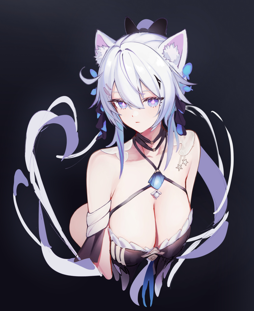 1girl, absurdres, animal_ear_fluff, animal_ears, black_background, blue_eyes, breasts, cat_ears, cleavage, closed_mouth, collarbone, commentary_request, hair_between_eyes, highres, honkai_(series), honkai_impact_3rd, kiana_kaslana, kiana_kaslana_(herrscher_of_finality), kiana_kaslana_(selenic_ripples), large_breasts, long_hair, looking_at_viewer, lysh, pink_pupils, simple_background, solo, white_hair
