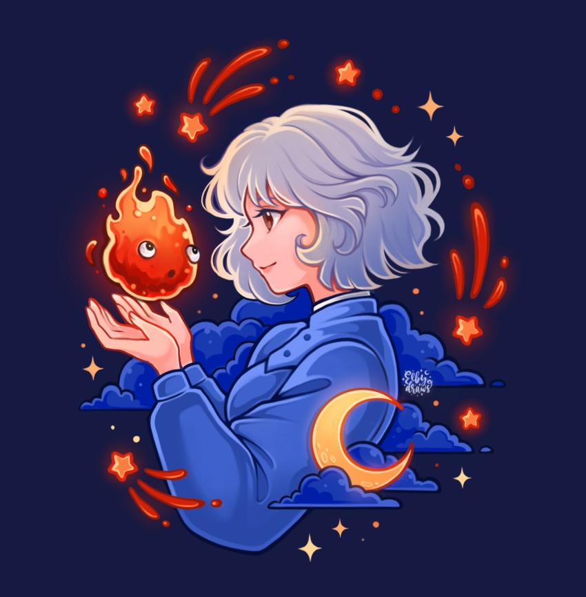 1boy, 1girl, blue_shirt, brown_eyes, calcifer, cloud, cropped_torso, dark_background