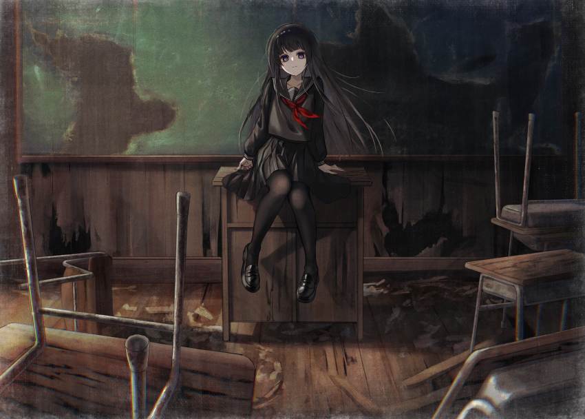 1girl, abandoned, absurdres, black_eyes, black_hair, black_pantyhose, black_serafuku, black_skirt