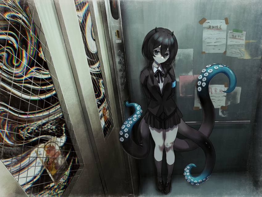 1girl, absurdres, armband, arms_behind_back, bandage_on_knee, bandaid, bandaid_on_leg, black_eyes, black_hair, black_jacket, black_ribbon, black_skirt, black_socks, blazer, blue_armband, chromatic_aberration, closed_mouth, collared_shirt, commentary, elevator, elevator_door, full_body, gauze, hair_between_eyes, happa_de_happy, head_tilt, highres, horns, indie_virtual_youtuber, indoors, jacket, kneehighs, loafers, looking_at_viewer, miniskirt, neck_ribbon, pale_skin, pigeon-toed, poster_(object), ribbon, ringed_eyes, school_uniform, shirt, shoes, skirt, socks, solo, standing, stitched_neck, stitches, swirl, untranslatable_commentary, tentacles, virtual_youtuber, white_shirt, yamata_ia