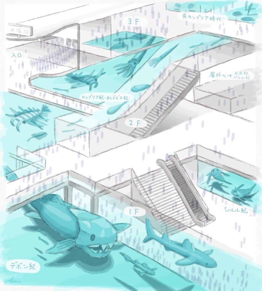 ammonite, anomalocaris, aquarium, architecture, building, dunkleosteus, escalator, fish, highres, indoors, kota_(kota_draw), opabinia, original, pentecopterus, prehistoric_animal, shark, stairs, water