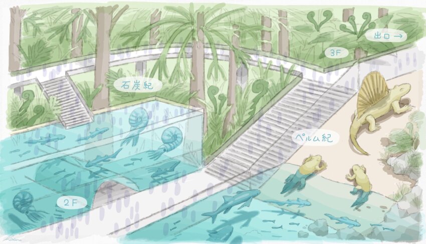 ammonite, animal, animal_focus, aquarium, aquarium_tunnel, building, bush, dinosaur, fish, highres, indoors, kota_(kota_draw), lizard, original, prehistoric, prehistoric_animal, tree, water