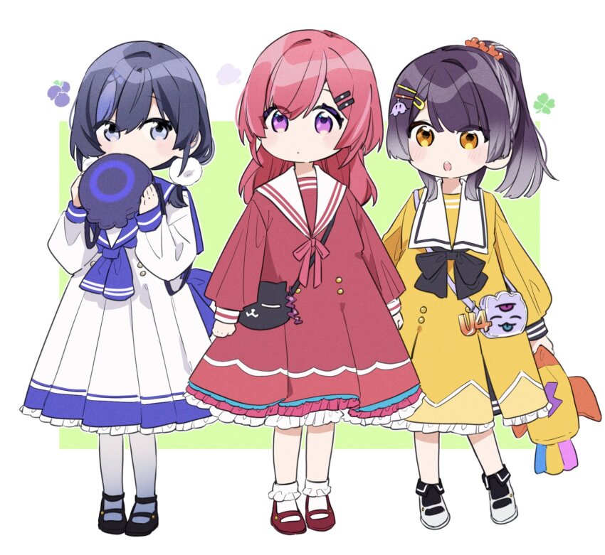 >:(, 3girls, :d, age_switch, aged_down, aged_up, alternate_costume, alternate_hairstyle