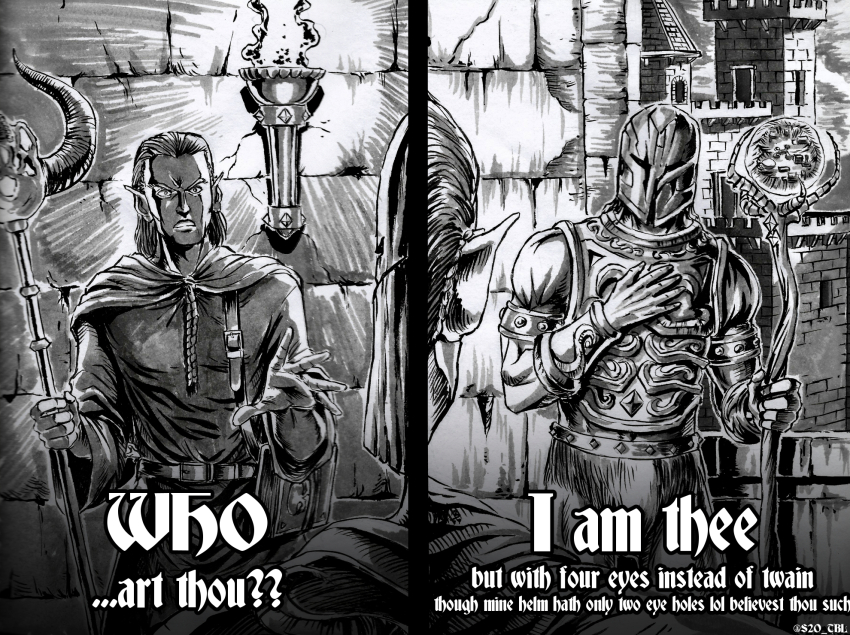 2boys, amid_evil, armor, belt, belt_buckle, book, buckle, castle, cloak, corvus_(heretic), elf, english_text, fantasy, hand_on_own_chest, helmet, heretic, highres, holding, holding_staff, looking_at_another, medium_hair, monochrome, multiple_boys, old_english_text, pointy_ears, signature, skull, staff, substance20, the_champion_(amid_evil), torch, twitter_username