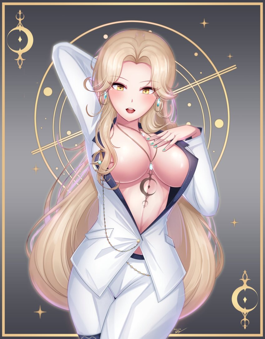 1girl, absurdres, arm_behind_head, blonde_hair, breasts, cowboy_shot, dated, earrings, formal_clothes, green_nails, grey_background, hand_on_own_chest, highres, jacket, jewelry, large_breasts, linea_alba, long_hair, luxeed_(vrecord), necrom_(973797hyun), open_mouth, pants, plunging_neckline, ring, signature, solo, sparkle, stomach_tattoo, suit, tattoo, virtual_youtuber, vrecord, white_jacket, white_pants, white_suit, yellow_eyes