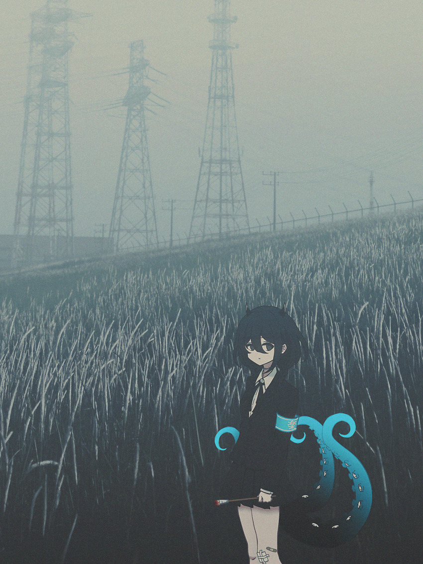 1girl, armband, arms_at_sides, bandage_on_knee, bandaid, bandaid_on_leg, black_eyes, black_hair