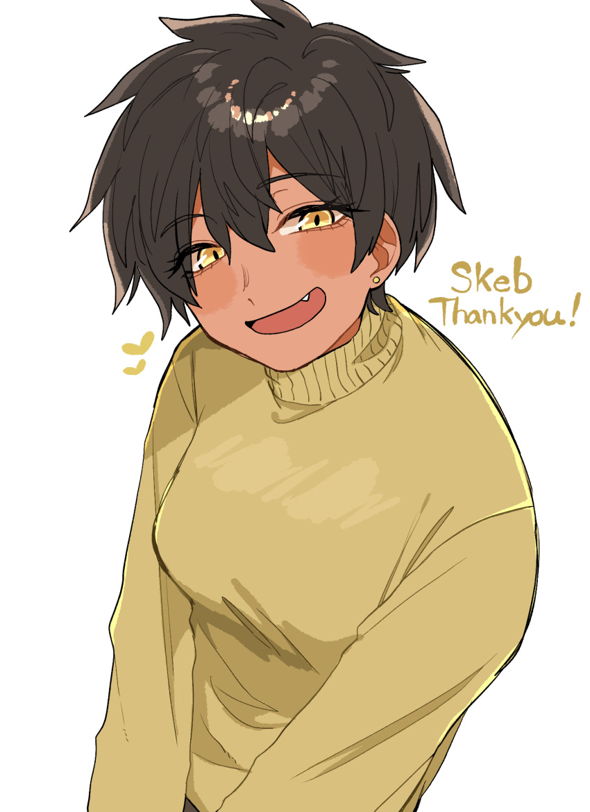 1girl, :d, black_hair, breasts, commentary_request, commission, dark_skin, earrings, fang, highres, jewelry, koucha_(pankeki_koucha), kurobe_natsumi, medium_breasts, open_mouth, senpai_ga_uzai_kouhai_no_hanashi, short_hair, skeb_commission, slit_pupils, smile, solo, tan, thank_you, tomboy, yellow_eyes