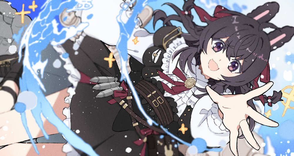 1girl, ahoge, animal_ears, black_boots, black_dress, black_hair, blurry, blurry_background