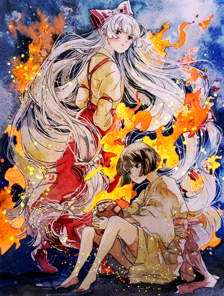 2girls, absurdly_long_hair, arm_strap, back_bow, barefoot, black_eyes, black_hair, bow, brown_kimono, closed_mouth, commentary_request, expressionless, fire, fujiwara_no_mokou, fujiwara_no_mokou_(young), full_body, hair_bow, hands_in_pockets, highres, hourai_elixir, japanese_clothes, kimono, long_hair, long_sleeves, looking_at_viewer, looking_to_the_side, mokoiscat, multiple_girls, painting_(medium), pants, red_bow, red_eyes, red_footwear, red_pants, shirt, short_hair, sitting, suspenders, touhou, traditional_media, two-tone_bow, very_long_hair, watercolor_(medium), white_bow, white_hair, yellow_shirt