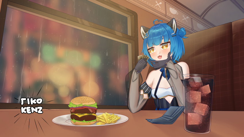 1girl, absurdres, animal_ears, artist_name, blue_hair, blush, blush_stickers, breasts