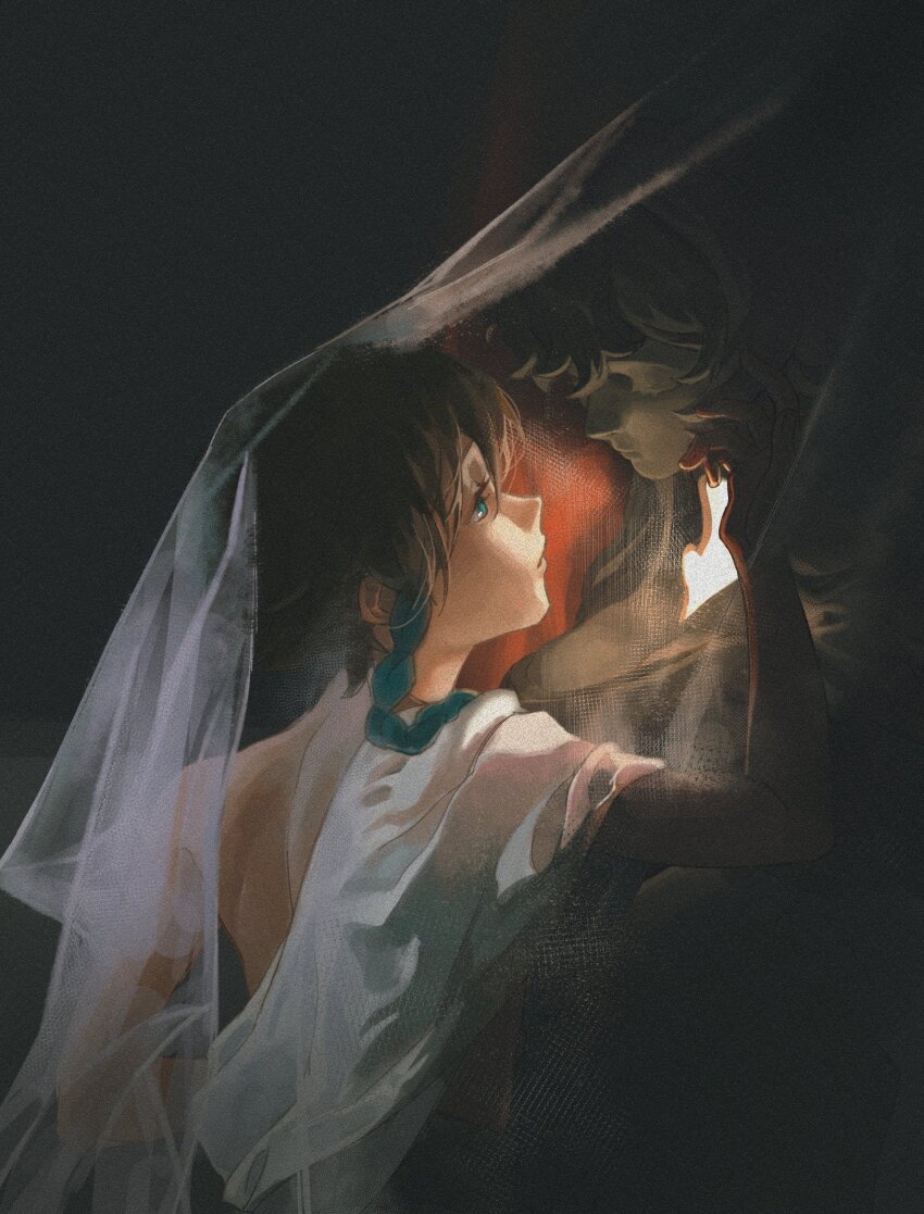 1boy, androgynous, aqua_eyes, aqua_hair, black_hair, braid, closed_mouth, expressionless, fridaynightcat, genshin_impact, highres, looking_at_object, low_twin_braids, male_focus, medium_hair, off-shoulder_shirt, off_shoulder, shirt, solo, statue, statue_of_the_seven, twin_braids, veil, venti_(genshin_impact), white_shirt