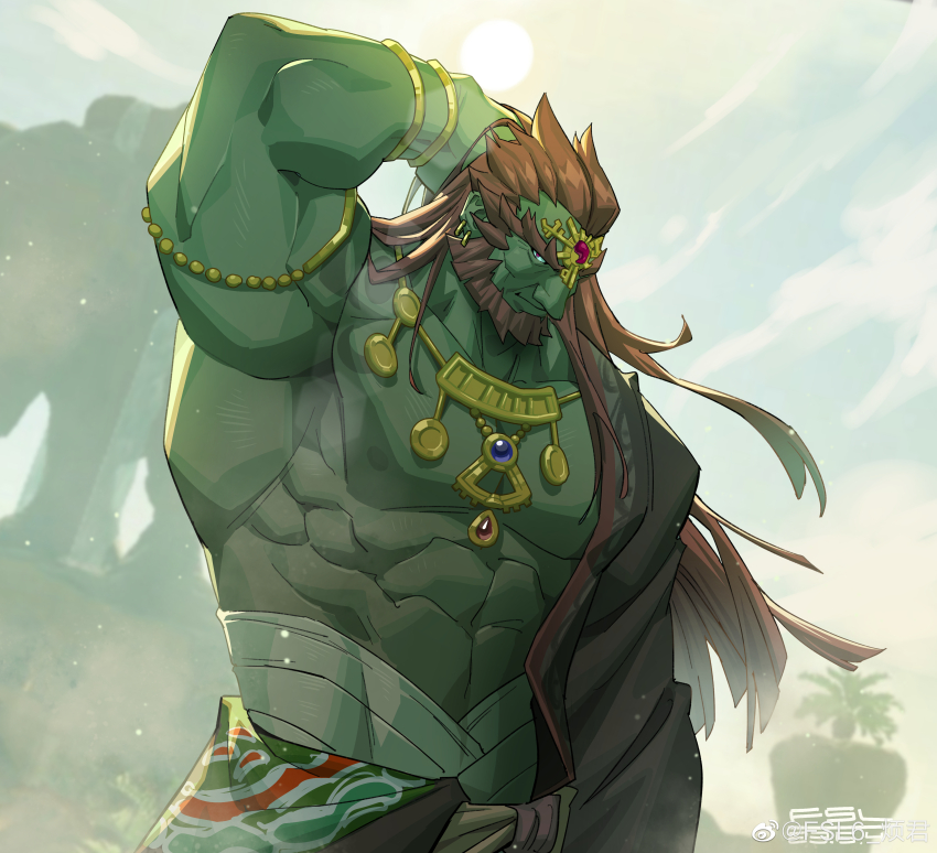 1boy, abs, absurdres, alternate_ears, arm_up, armlet, armpits, bara, bare_pectorals, biceps, colored_skin, cowboy_shot, dust, earrings, fsl6, ganondorf, gold_necklace, green_skin, hadanugi_dousa, highres, huge_eyebrows, japanese_clothes, jewelry, kimono, large_pectorals, long_hair, looking_at_viewer, male_focus, midriff_peek, muscular, muscular_arms, muscular_male, necklace, nintendo, nipples, open_clothes, open_kimono, pectorals, red_hair, sideways_glance, solo, stomach, the_legend_of_zelda, the_legend_of_zelda:_tears_of_the_kingdom, tying_hair