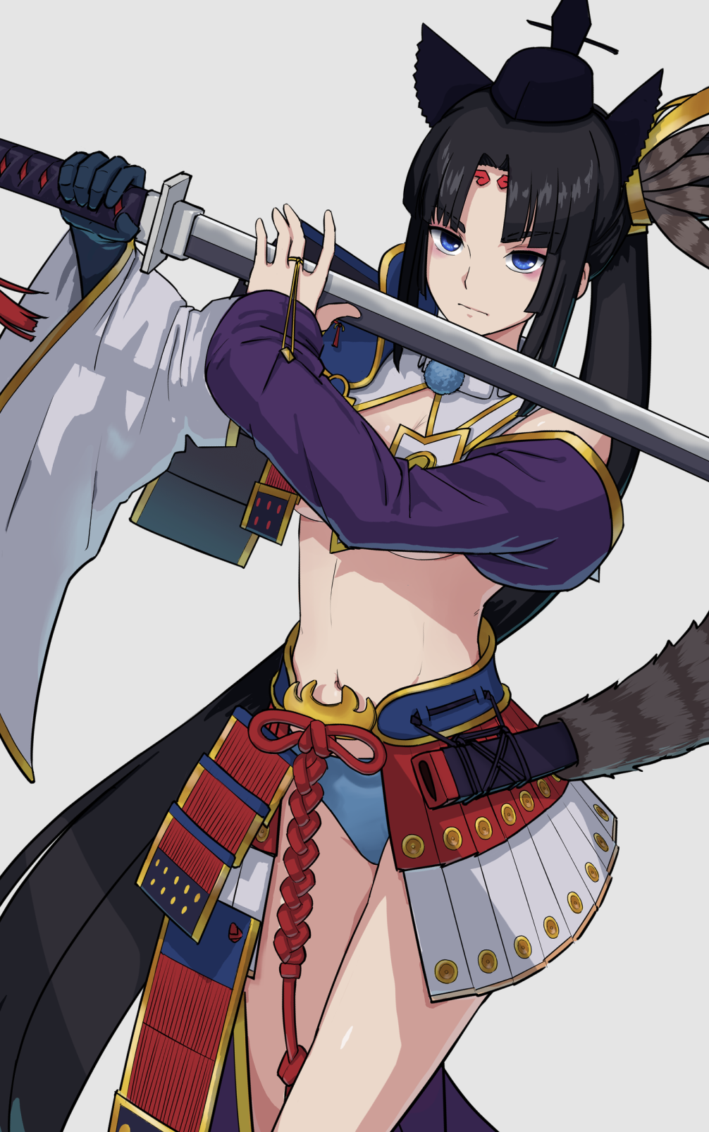 1girl, armor, asymmetrical_clothes, asymmetrical_sleeves, black_hair, blue_eyes, blue_gloves, blue_panties