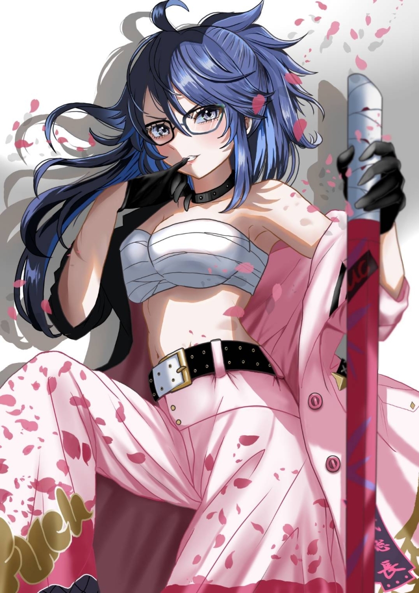 1girl, ahoge, belt, black-framed_eyewear, black_belt, black_choker, black_gloves, black_jacket