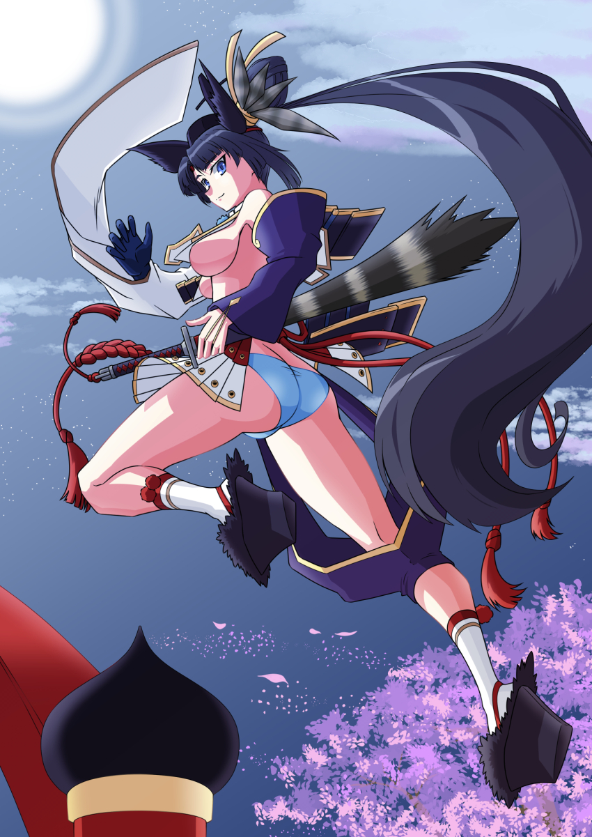 1girl, armor, asymmetrical_clothes, asymmetrical_sleeves, bare_shoulders, black_hair, blue_eyes, blue_gloves