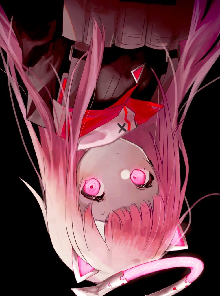 1girl, animal_ears, black_jacket, cat_ears, dress, glowing, glowing_eyes, halo, jacket, kaminaga, long_hair, looking_at_viewer, mechanical_ears, mechanical_halo, ootori_emu, pink_hair, pouch, project_sekai, solo, turtleneck, turtleneck_dress, upper_body, upside-down, very_long_hair, white_dress