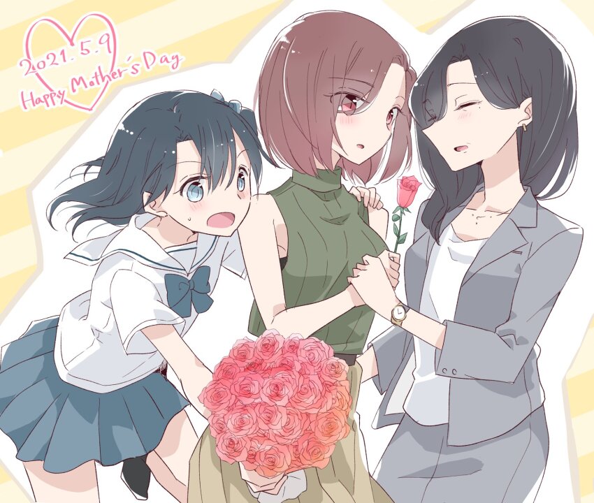 3girls, age_difference, black_hair, blush, bouquet, brown_hair, english_text, flower, grandmother_and_granddaughter, hanamura_sayaka, hanamura_sumika, hanamura_yuuki, happy_mother's_day, highres, holding, holding_bouquet, holding_flower, holding_hands, incest, long_hair, medium_hair, mother's_day, mother_and_child, mother_and_daughter, multiple_girls, nakamura_taiyaki, onee-loli, parent_and_child, red_flower, red_rose, rose, school_uniform, serafuku, third-party_source, watch, white_serafuku, wristwatch, yuri, yuru_oyako