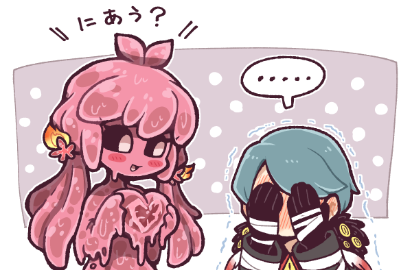 1boy, 1girl, alternate_hairstyle, aqua_hair, black_gloves, black_sclera, blush, colored_sclera