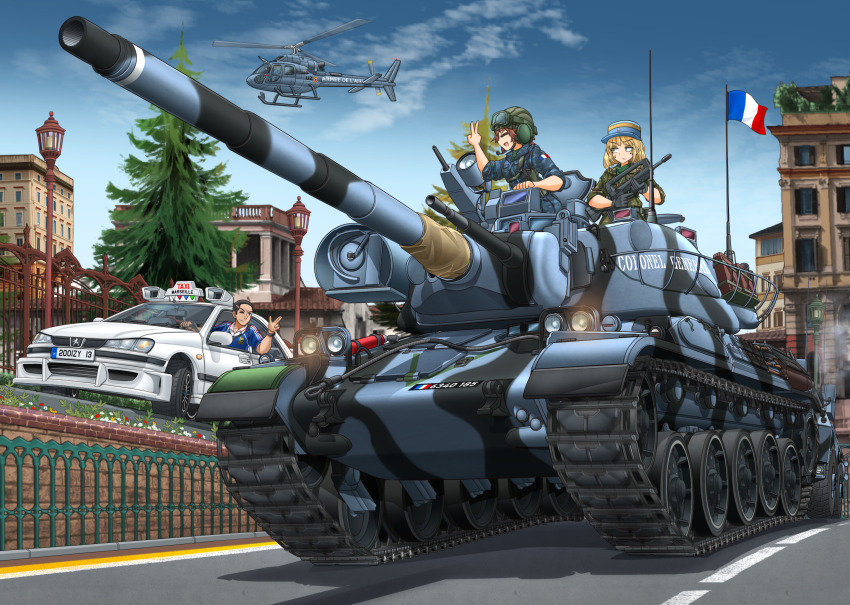 1boy, 2girls, ;), absurdres, aircraft, amx_30b2_brenus, assault_rifle, black_gloves, blonde_hair, blue_jacket, blue_shirt, blue_sky, brown_hair, building, bullpup, camouflage, camouflage_jacket, car, caterpillar_tracks, closed_eyes, cloud, commentary_request, daniel_morales, day, eurocopter_fennec, famas, flag, flag_on_vehicle, flagpole, france, french_army, french_flag, gloves, goggles, goggles_on_headwear, green_headwear, green_jacket, gun, hat, headpiece, helicopter, helmet, highres, holding, holding_gun, holding_weapon, jacket, kepi, lamppost, left-hand_drive, license_plate, microphone, mikeran_(mikelan), military_combat_uniform, military_hat, military_jacket, military_uniform, military_vehicle, motor_vehicle, multiple_girls, one_eye_closed, open_mouth, original, outdoors, peugeot, peugeot_406, radio_antenna, rifle, road, roundel, shirt, sky, sleeves_rolled_up, smile, soldier, street, sweatdrop, tank, tank_helmet, tank_turret, taxi, taxi_(series), tree, trigger_discipline, v, vehicle_focus, weapon, white_car