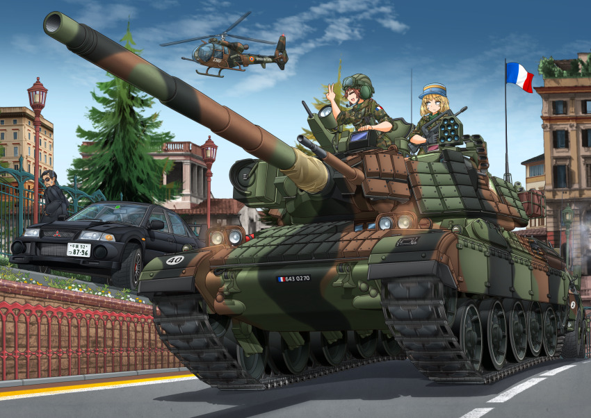 1boy, 2girls, absurdres, aerospatiale_gazelle, aircraft, amx_30b2_brenus, assault_rifle, beard