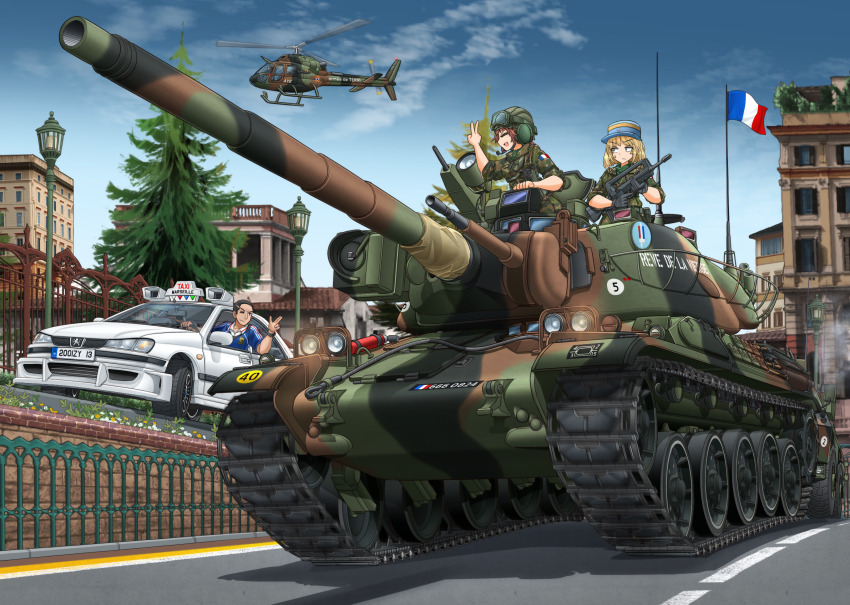1boy, 2girls, ;), absurdres, aerospatiale_gazelle, aircraft, amx_30b2_brenus, assault_rifle, black_gloves, blonde_hair, blue_shirt, blue_sky, brown_hair, building, bullpup, camouflage, camouflage_jacket, car, caterpillar_tracks, closed_eyes, cloud, commentary_request, daniel_morales, day, famas, flag, flag_on_vehicle, flagpole, france, french_army, french_flag, gloves, goggles, goggles_on_headwear, green_headwear, green_jacket, gun, hat, headpiece, helicopter, helmet, highres, holding, holding_gun, holding_weapon, jacket, kepi, lamppost, left-hand_drive, license_plate, microphone, mikeran_(mikelan), military_combat_uniform, military_hat, military_jacket, military_uniform, military_vehicle, motor_vehicle, multiple_girls, one_eye_closed, open_mouth, original, outdoors, peugeot, peugeot_406, radio_antenna, rifle, road, roundel, shirt, sky, sleeves_rolled_up, smile, soldier, street, sweatdrop, tank, tank_helmet, tank_turret, taxi, taxi_(series), tree, trigger_discipline, v, vehicle_focus, weapon, white_car