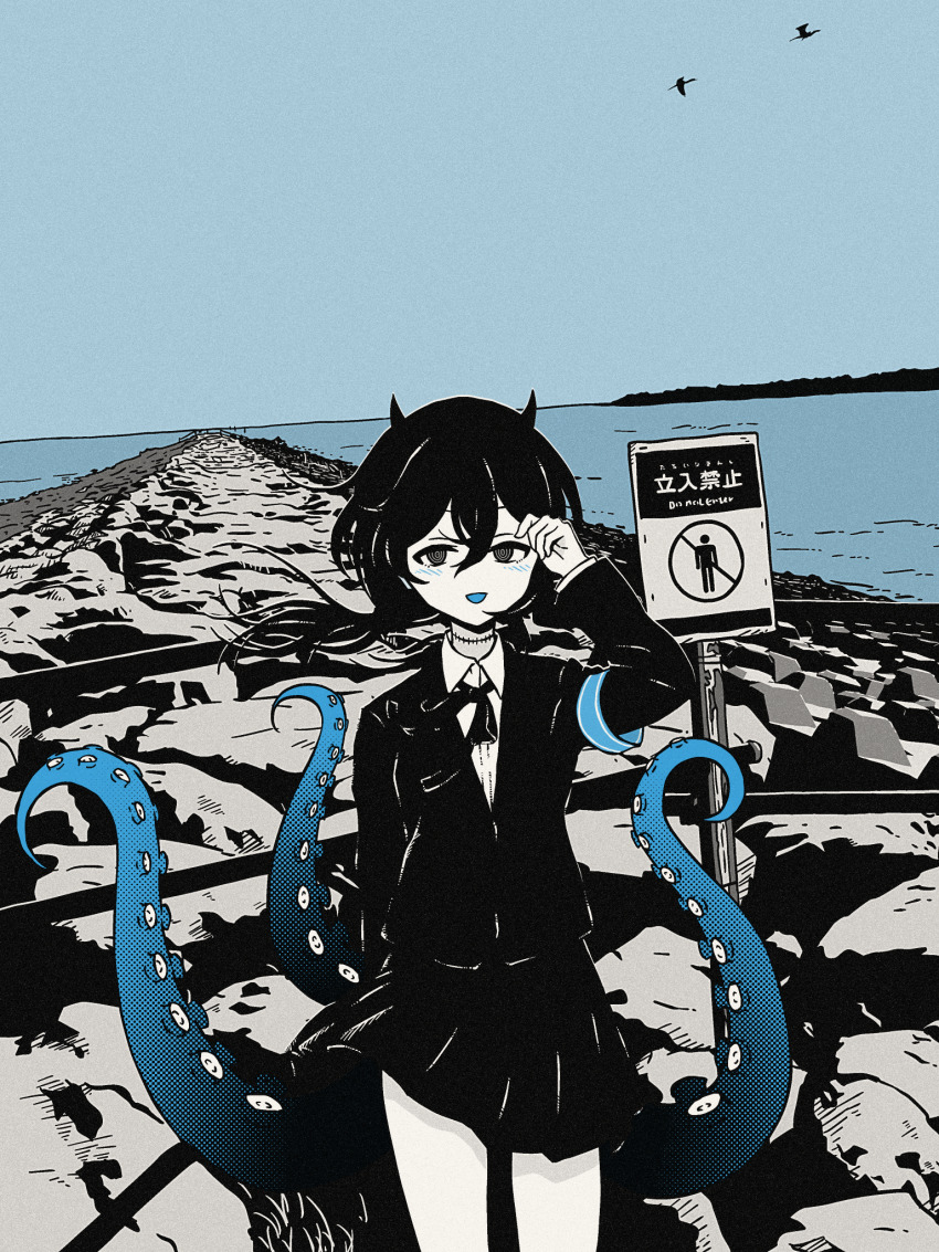 1girl, arm_up, armband, bird, blazer, blue_armband, blue_sky, blue_tongue