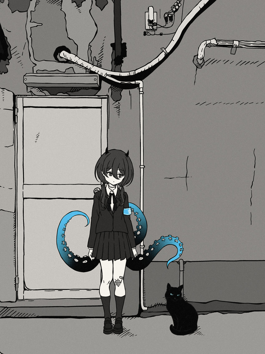 1girl, armband, arms_at_sides, bandage_on_knee, bandaid, bandaid_on_leg, black_cat, blue_armband, cat, commentary, door, expressionless, gauze, greyscale, hair_between_eyes, hair_over_shoulder, half-closed_eyes, highres, horns, indie_virtual_youtuber, industrial_pipe, kneehighs, loafers, long_hair, long_sleeves, looking_at_animal, looking_down, looking_to_the_side, low_twintails, monochrome, neck_ribbon, nkymyura, outdoors, pleated_skirt, ribbon, ringed_eyes, school_uniform, shoes, skirt, socks, solo, spot_color, standing, stitched_neck, stitches, straight-on, tentacles, twintails, virtual_youtuber, wide_shot, yamata_ia