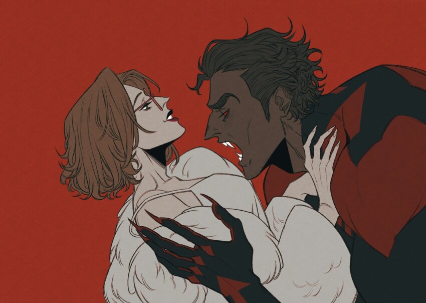 1boy, 1girl, animal_print, blue_bodysuit, bodysuit, broad_shoulders, brown_hair, cheekbones, coat, commentary, dark-skinned_male, dark_skin, english_commentary, fang, hair_slicked_back, heart, heart-shaped_eyewear, hetero, lyla_(marvel), marvel, miguel_o'hara, morgensevermalt, multicolored_bodysuit, muscular, muscular_male, opaque_sunglasses, pectorals, pink-tinted_eyewear, print_bodysuit, red_background, red_bodysuit, short_hair, simple_background, smile, spider-man:_across_the_spider-verse, spider-man_(2099), spider-man_(series), spider-verse, sunglasses, thick_eyebrows, tinted_eyewear, two-tone_bodysuit, white_coat