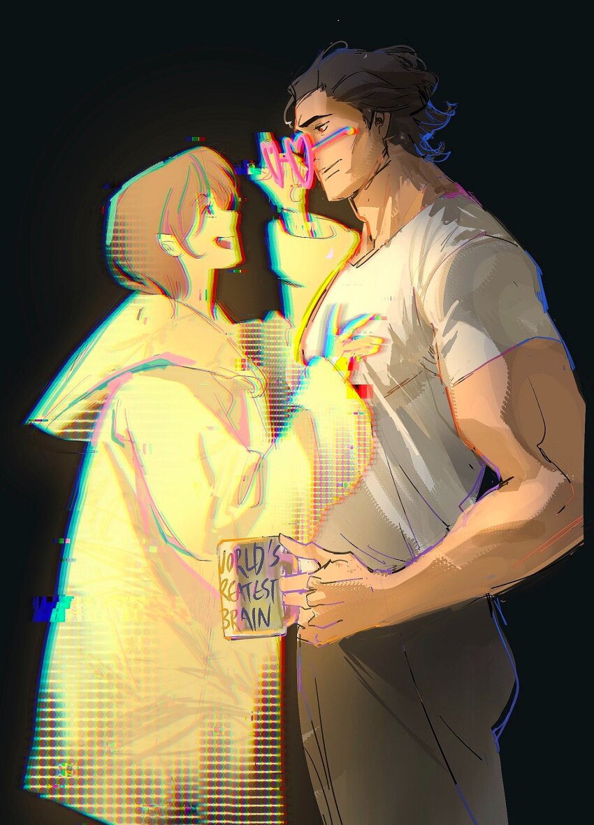 1boy, 1girl, black_background, brown_hair, cheekbones, coat, commentary, dark-skinned_male