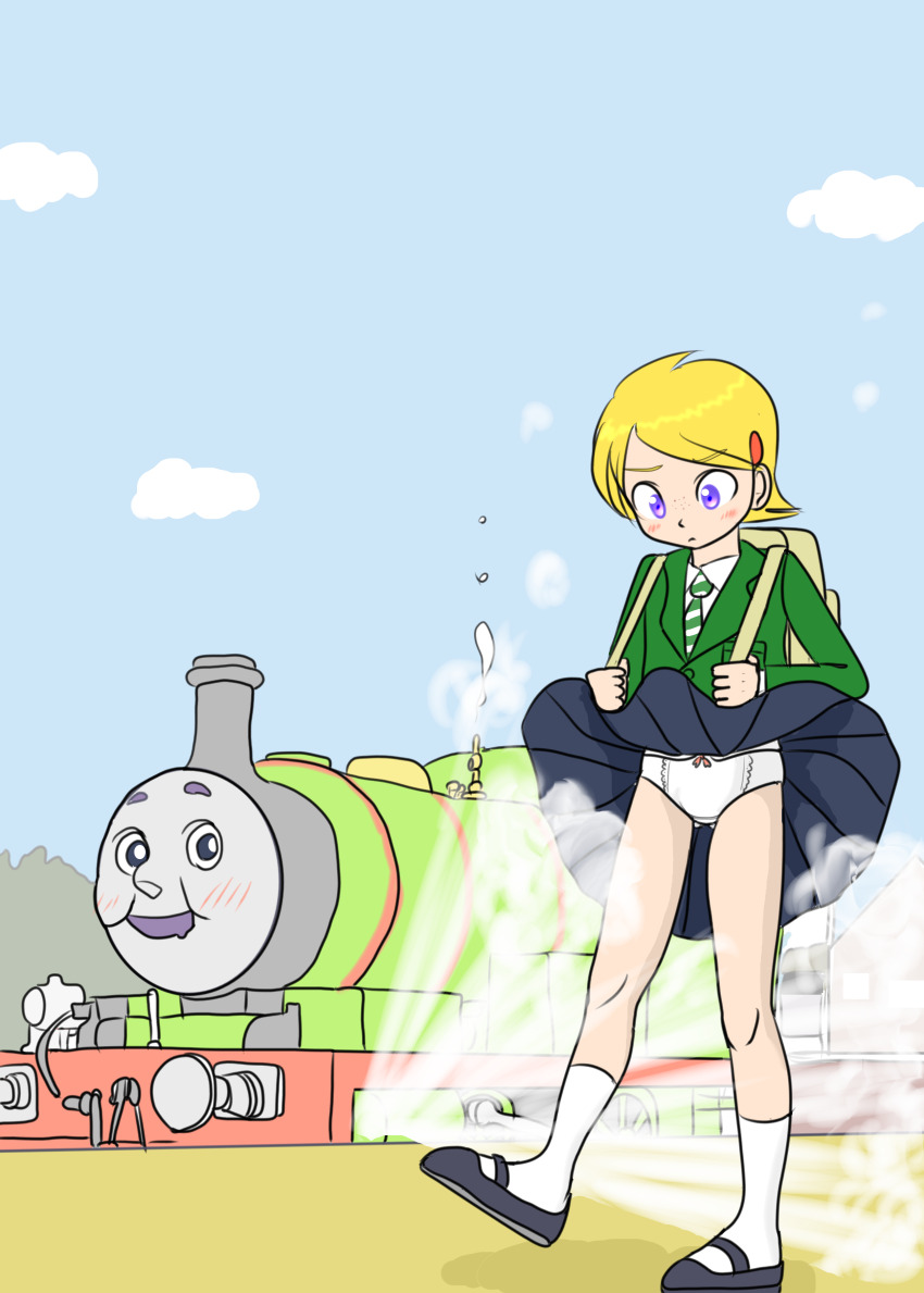 1boy, 1girl, absurdres, backpack, bag, black_eyes, black_shoes, black_skirt, blonde_hair, blush, bow, bow_panties, cloud, drooling, freckles, green_jacket, green_necktie, hair_ornament, hairclip, highres, jacket, locomotive, loli, long_sleeves, looking_down, mary_janes, necktie, open_mouth, original, panties, percy_the_small_engine, purple_eyes, school_uniform, sexless2012, shirt, shoes, short_hair, skirt, sky, smile, socks, steam, steam_locomotive, striped_clothes, striped_necktie, thomas_the_tank_engine_(series), train, underwear, white_panties, white_shirt, white_socks, wind, wind_lift