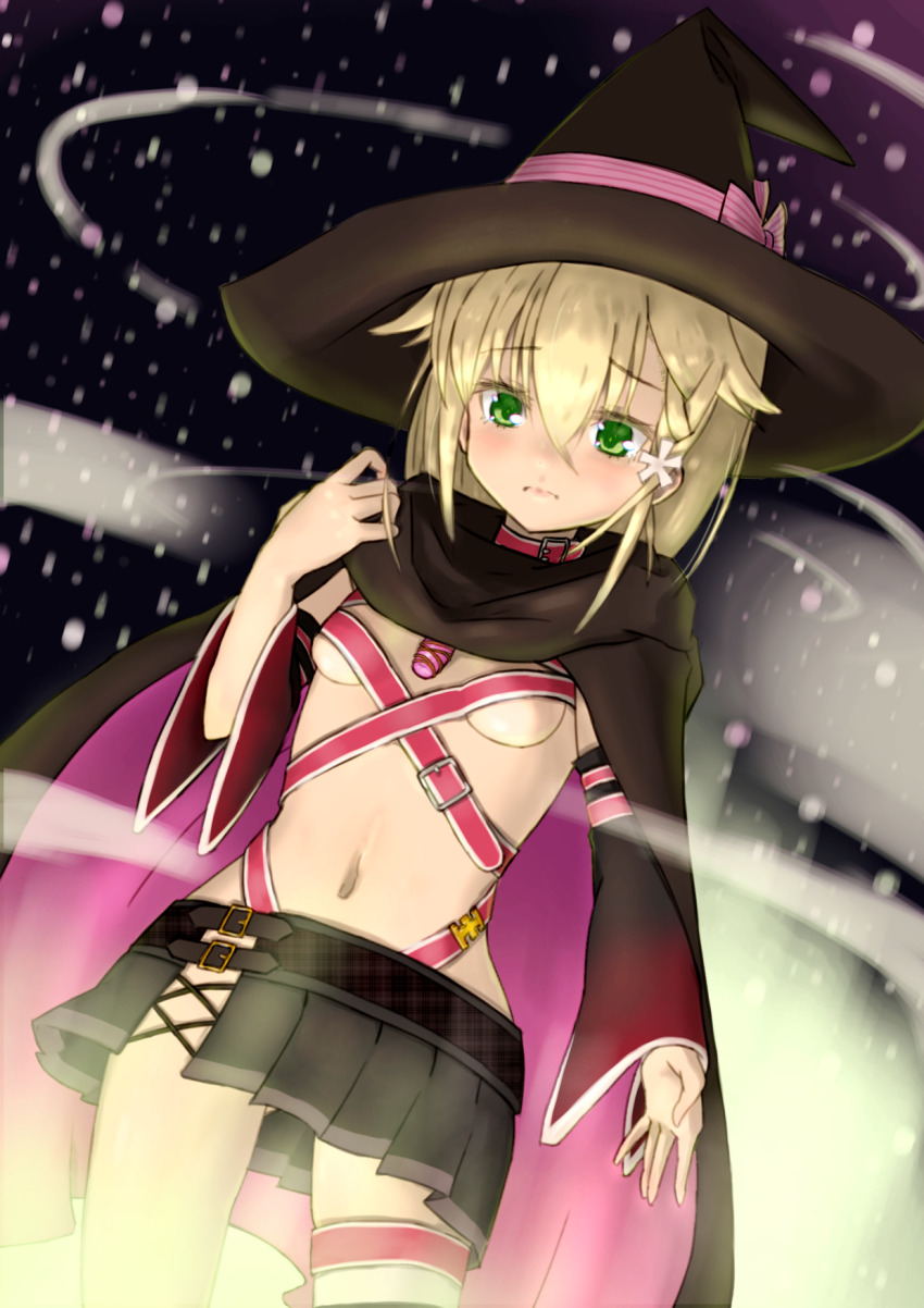 1girl, ayachi_nene, ayachi_nene_(cosplay), bdsm, belt, belt_bra, belt_collar, black_background, black_cloak, black_hat, black_skirt, black_sleeves, blonde_hair, blush, bow, braid, breasts, cdefsorab, cloak, closed_mouth, clothing_cutout, collar, colored_eyelashes, commentary_request, cosplay, cowboy_shot, detached_sleeves, dutch_angle, embarrassed, eyelashes, eyes_visible_through_hair, female_focus, frown, green_eyes, hair_between_eyes, hand_up, harness, hat, hat_bow, highres, hip_vent, kariya_wakana, loli, long_sleeves, medium_hair, miniskirt, motion_blur, navel, pink_bow, pink_cloak, pleated_skirt, red_belt, sanoba_witch, simple_background, single_braid, skirt, slave, small_breasts, solo, standing, stomach, thigh_strap, wide_sleeves, witch, witch_hat