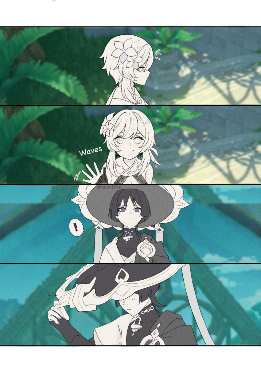 1boy, 1girl, 4koma, amalwitche, black_gloves, closed_mouth, comic, commentary