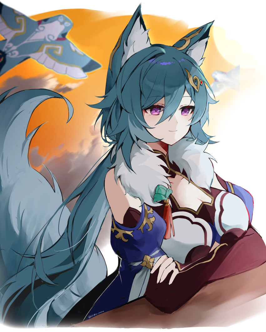 1girl, animal_ear_fluff, animal_ears, aqua_hair, arms_under_breasts, bare_shoulders, breasts, bridal_gauntlets