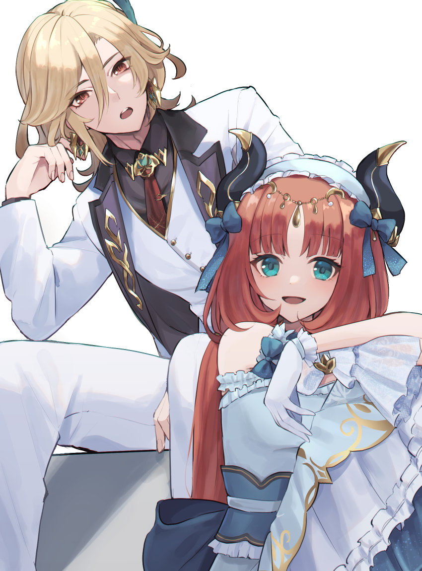 1boy, 1girl, arm_support, bare_shoulders, blonde_hair, buttons, detached_sleeves, earrings