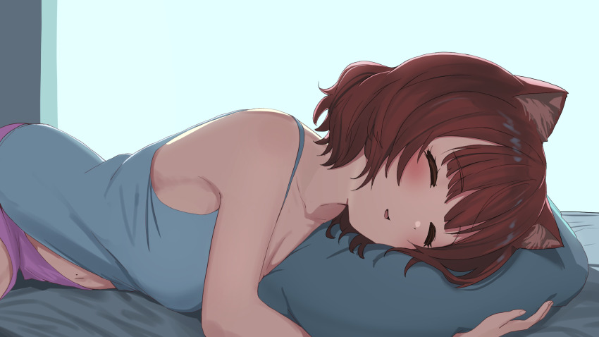 1girl, animal_ears, arm_up, bare_shoulders, blunt_bangs, breasts, camisole, cleavage