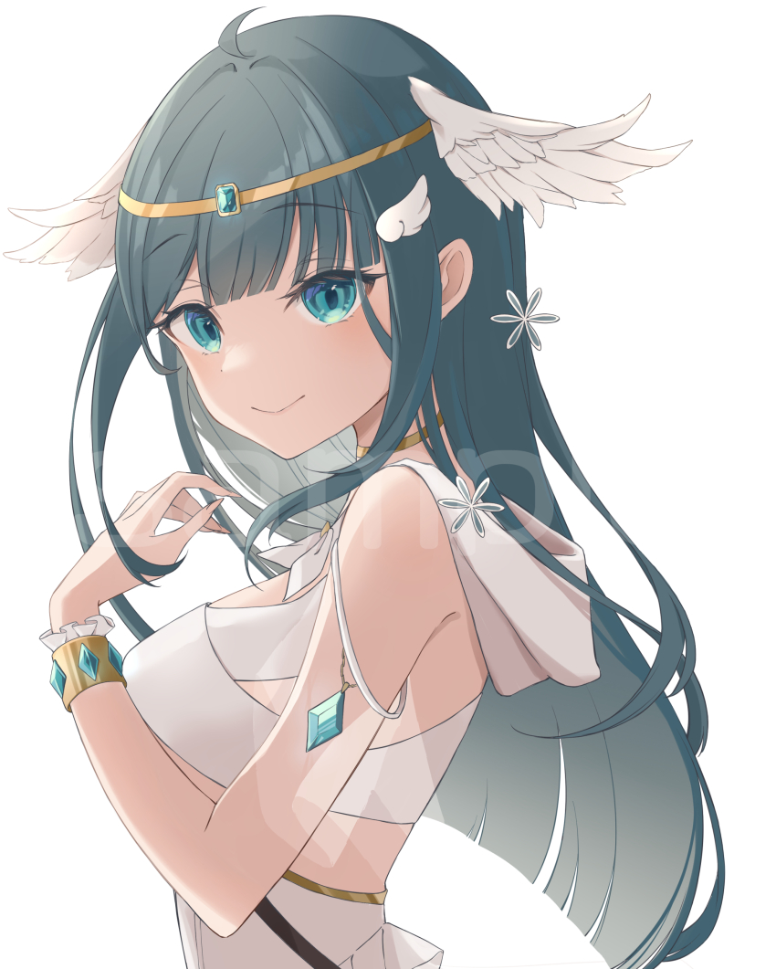 1girl, absurdres, ahoge, amano_nene_(vtuber), bare_shoulders, bikini, blue_hair, bracelet