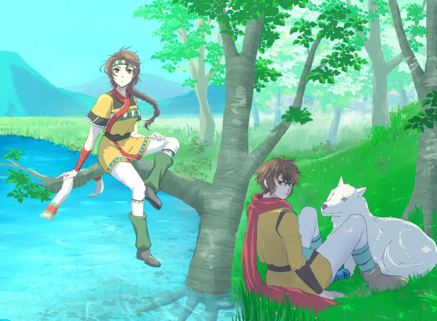 1boy, 1girl, ayda_(suikoden), braid, breasts, brown_hair, full_body, gensou_suikoden