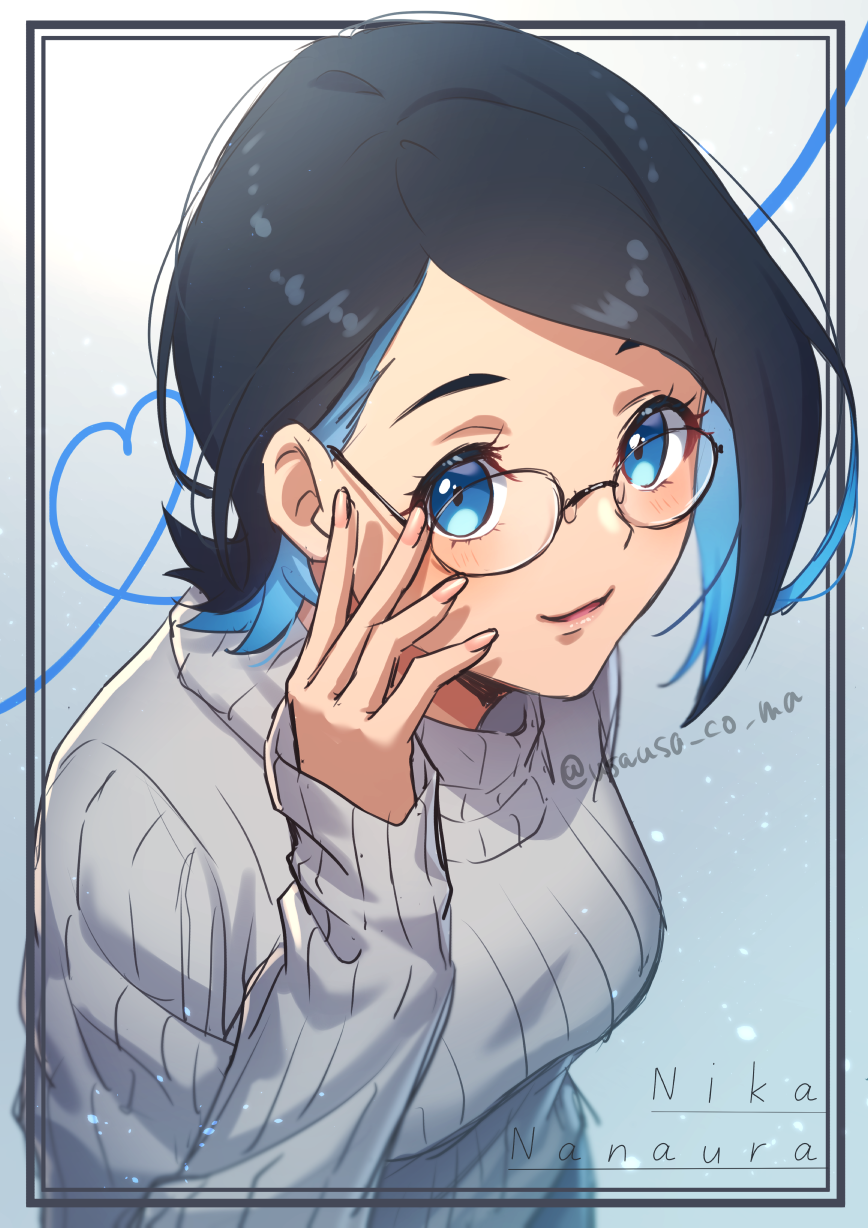 1girl, adjusting_eyewear, black_hair, blue_eyes, blue_hair, character_name, colored_inner_hair, fingernails
