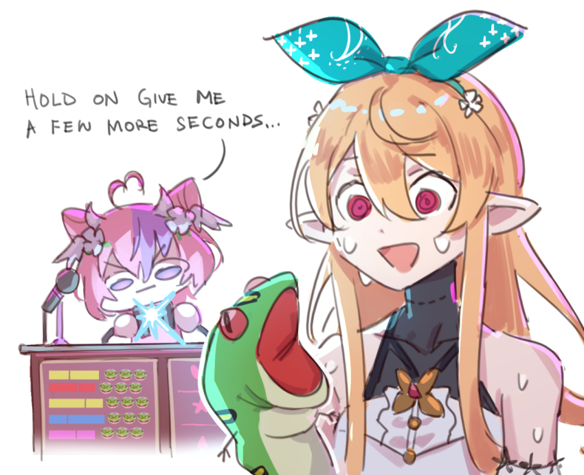 2girls, :d, ahoge, bare_shoulders, blonde_hair, bow, closed_mouth, commentary, covered_collarbone, detached_sleeves, dress, english_text, frog, froggy_(polygonal_mind), hair_between_eyes, hair_bow, hair_ornament, hair_ribbon, hairband, hand_puppet, hand_up, heart, heart_ahoge, ironmouse, ironmouse_(fallen_angel), long_hair, looking_at_viewer, maplesights, microphone, multicolored_hair, multiple_girls, nijisanji, nijisanji_en, open_mouth, pink_hair, pointy_ears, polygonal_mind, pomu_rainpuff, puppet, purple_eyes, red_eyes, ribbon, ringed_eyes, short_hair, sidelocks, simple_background, sleeveless, sleeveless_dress, smile, sparks, split_mouth, sweat, talking, teeth, twitch_chat, upper_body, very_long_hair, virtual_youtuber, vshojo, white_background