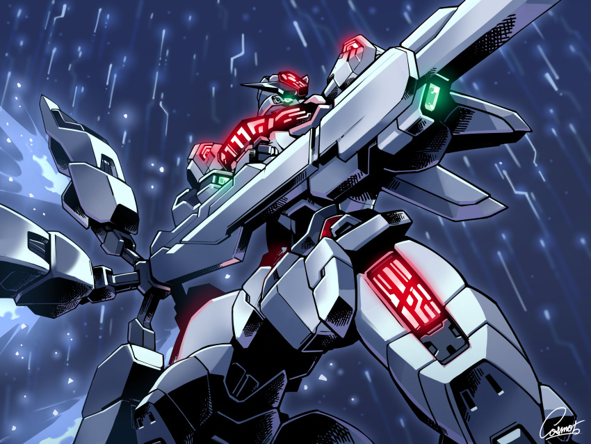 absurdres, beam_cannon, commentary, cosmo-5, energy_cannon, english_commentary, exhaust, from_below, glowing, glowing_eyes, green_eyes, gundam, gundam_calibarn, gundam_suisei_no_majo, highres, holding, holding_cannon, holding_weapon, mecha, mecha_focus, mobile_suit, no_humans, robot, science_fiction, signature, solo, thrusters, v-fin, weapon