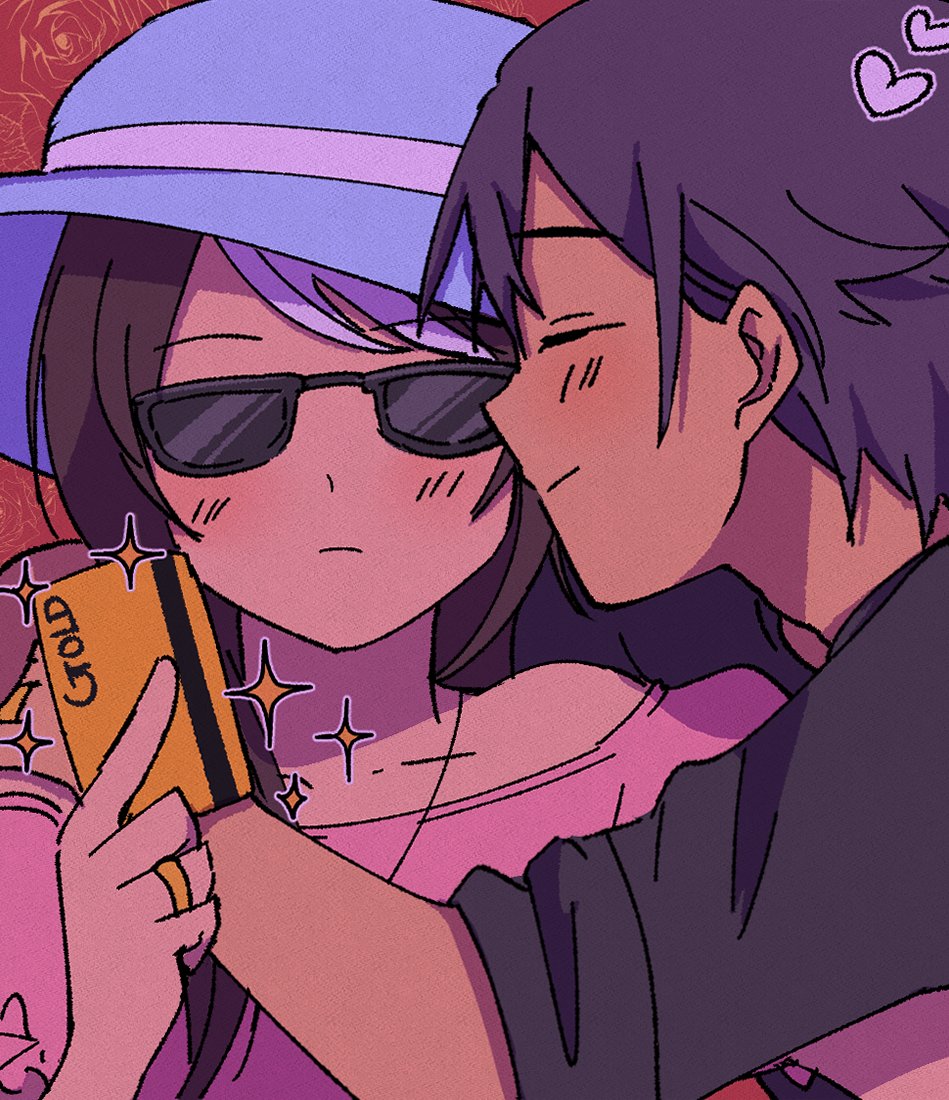 1boy, 1girl, axis_powers_hetalia, black_shirt, blue_headwear, blush, brown_hair, card