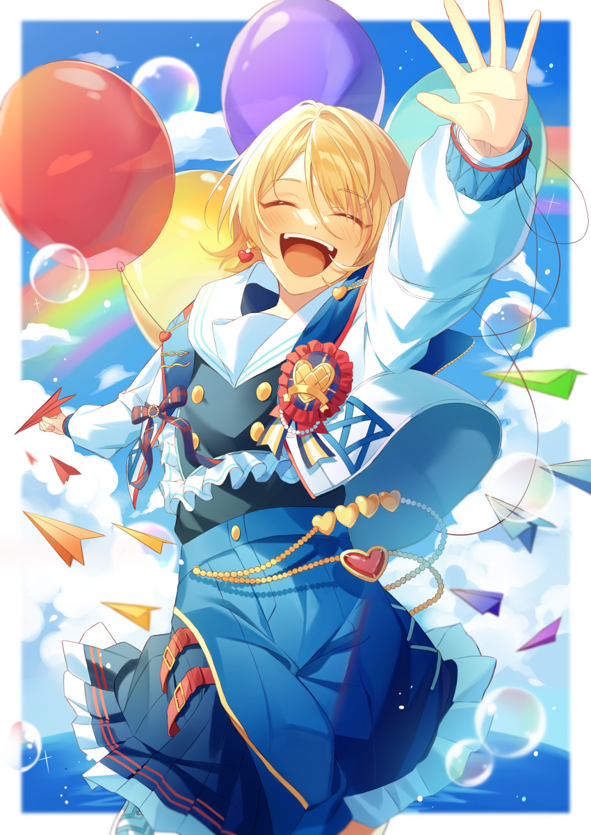 1boy, :d, absurdres, balloon, belt, black_shirt, blonde_hair, blue_shorts
