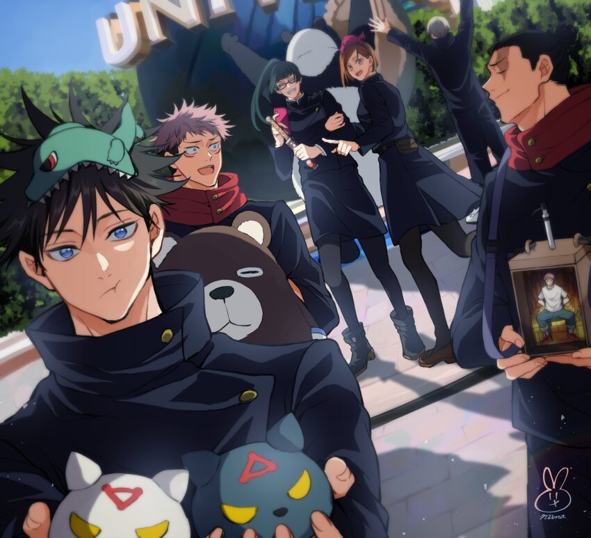 2girls, 4boys, ^_^, animal, arms_up, black_footwear, black_hair, black_jacket