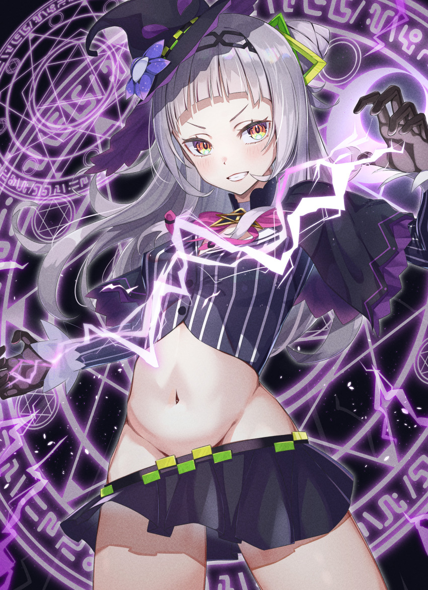 1girl, absurdres, arched_bangs, black_capelet, black_gloves, black_headwear, black_skirt, blush