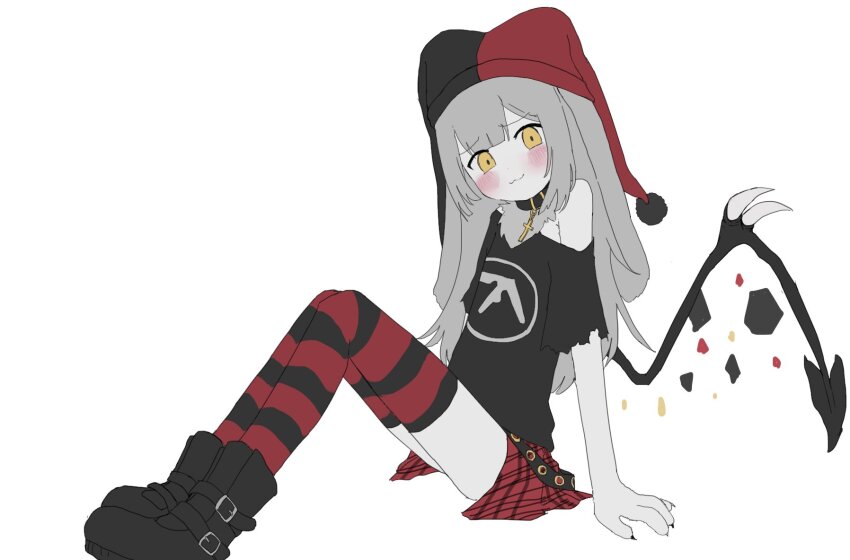 aphex_twin, black_footwear, blush, choker, hat, highres, leggings, skirt