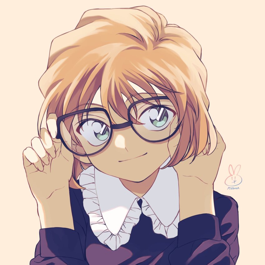 1girl, black_shirt, blue_eyes, brown_background, brown_hair, closed_mouth, glasses, haibara_ai