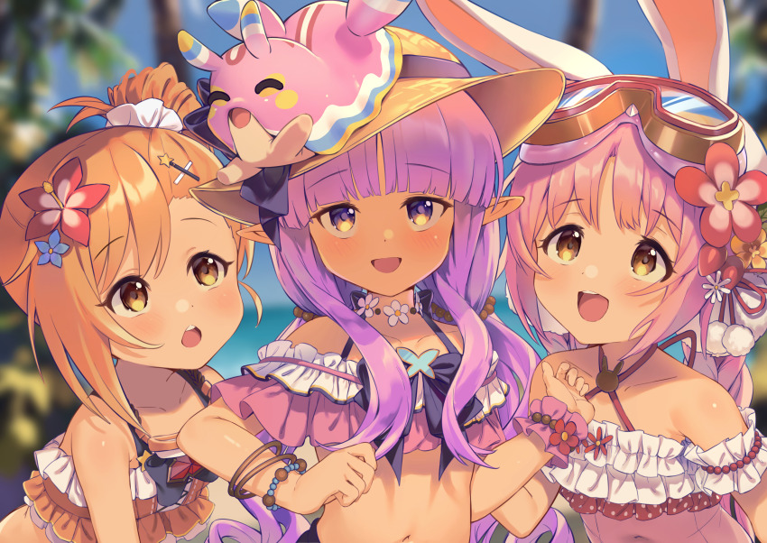 3girls, :d, absurdres, animal_ears, arm_cuffs, bikini, black_bow, blue_flower