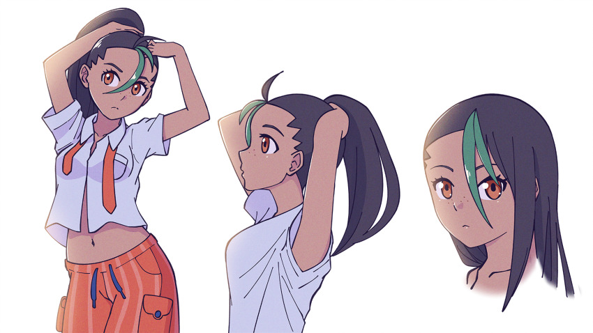 1girl, adjusting_hair, arms_up, black_hair, breast_pocket, closed_mouth, collared_shirt, commentary_request, eyelashes, freckles, green_hair, hair_between_eyes, highres, multicolored_hair, multiple_views, necktie, nemona_(pokemon), nintendo, orange_eyes, orange_necktie, orange_shorts, pocket, pokemon, pokemon_scarlet_and_violet, ponytail, riimu, school_uniform, shirt, short_sleeves, shorts, simple_background, two-tone_hair, undone_necktie, white_background, white_shirt